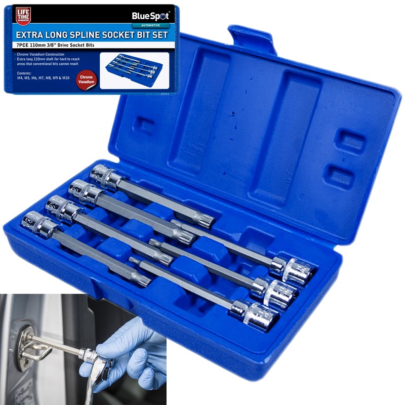 BlueSpot Spline Socket Bit Set 7 Piece 110mm 3/8" Drive Extra Long M4-M10