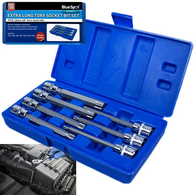 BlueSpot Torx Socket Bit Set Extra Long 7 Piece 110mm 3/8" Drive T25-T60