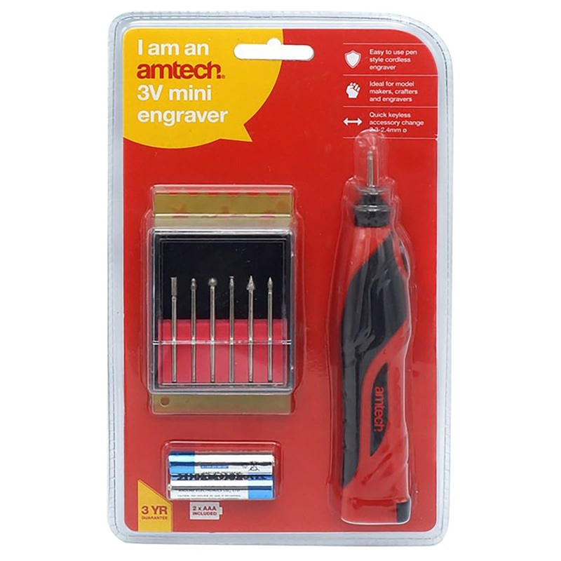 Amtech Mini Engraver Pen Style 3V with Burrs and Stencils