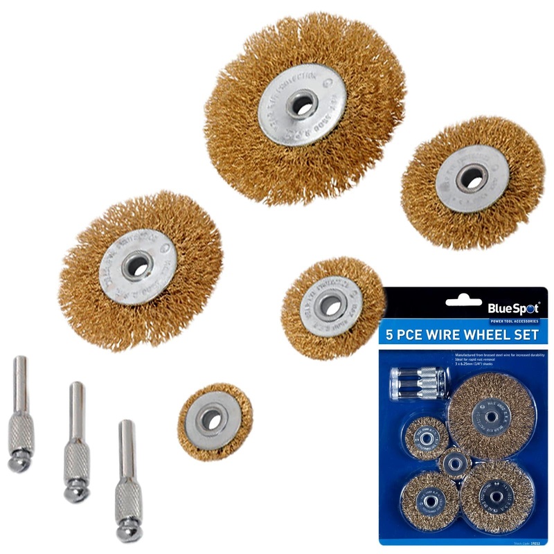 BlueSpot Brass Wire Wheel Set 5 Piece 1/4" Shank Madrels