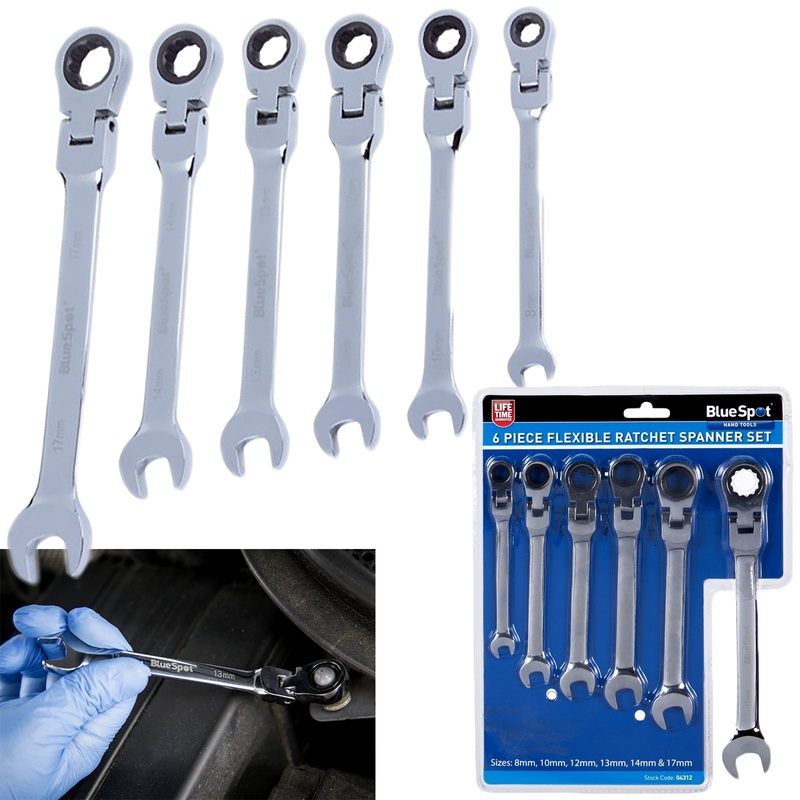 BlueSpot Ratchet Spanner Set Flexible Head Combination 6 Piece 8-17mm
