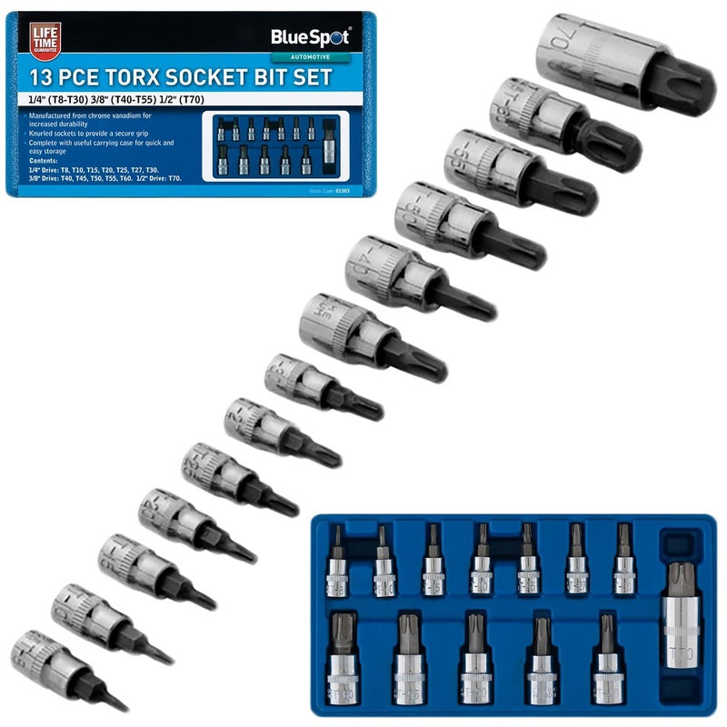 BlueSpot Torx Socket Bit Set 13 Piece in Storage Case T8-T70