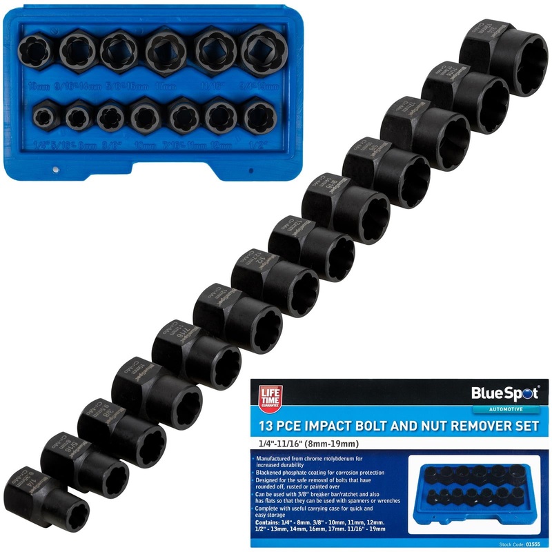 BlueSpot Impact Bolt and Nut Remover Set 13 Piece 8-19mm 1/4"-11/16