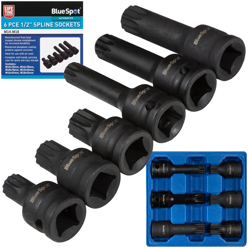 BlueSpot Spline Socket Set 6 Piece 1/2" Drive M14-M18 43mm and 78mm Long