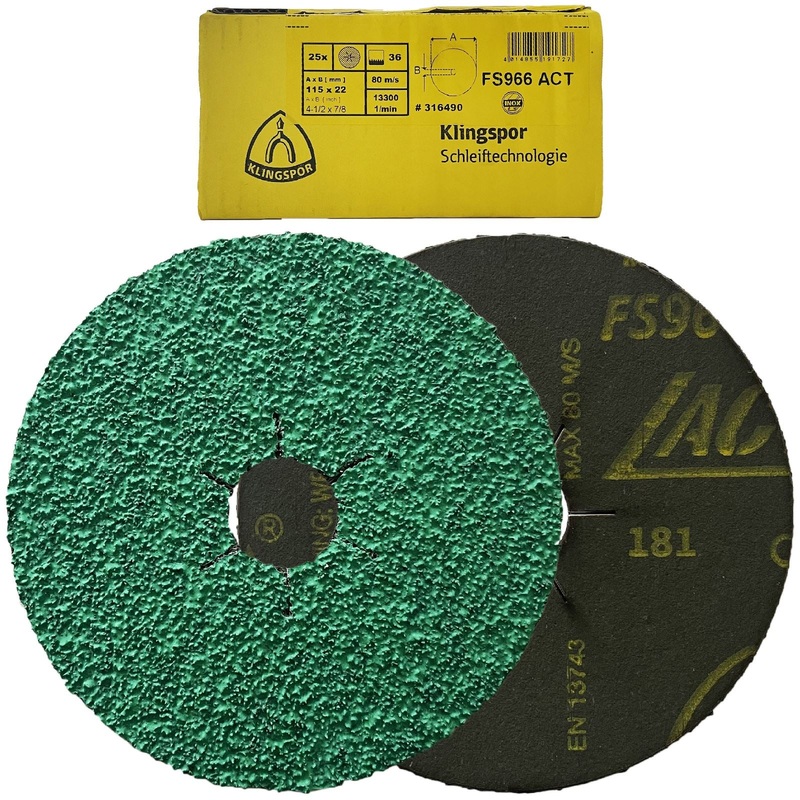 Klingspor Fibre Discs for Stainless Steel Angle Grinding 115mm Aluminium Oxide Grain FS966 ACT