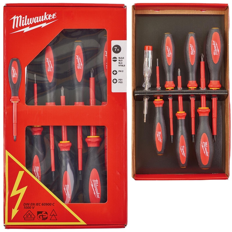 Milwaukee VDE Screwdriver Set 7 Piece Slotted Phillips Pozi Voltage Tester