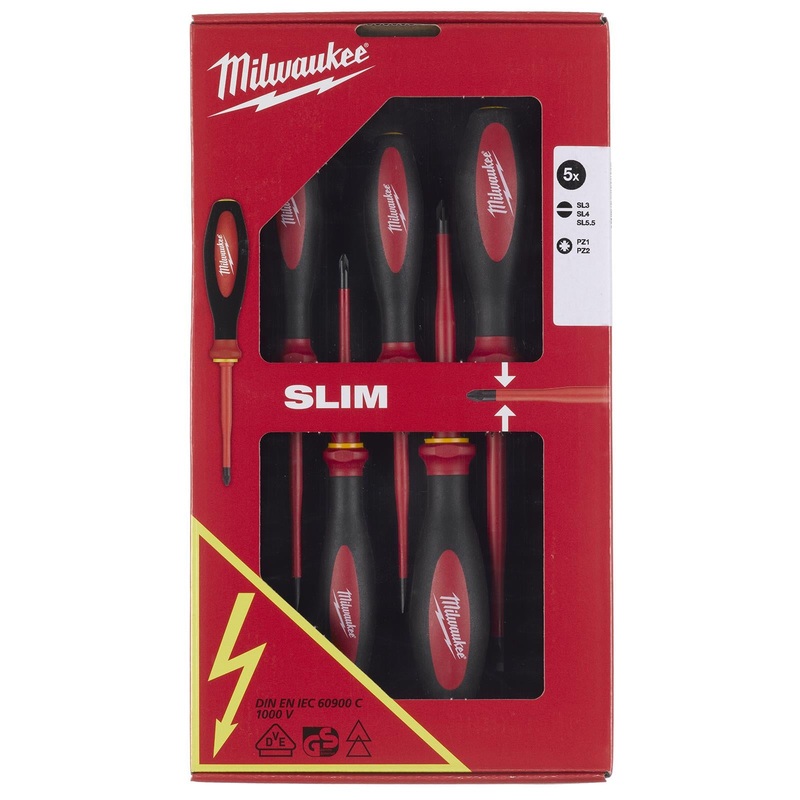 Milwaukee VDE Slim Screwdriver Set 5 Piece Slotted Pozi