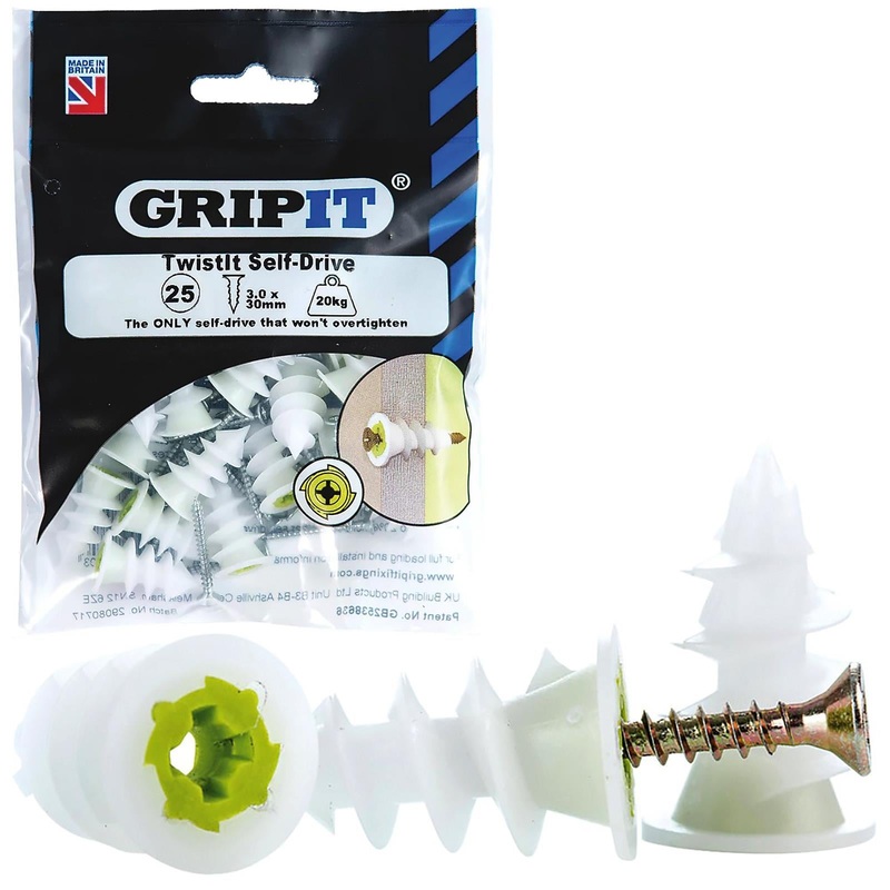 GripIt TwistIT Self Drive Plasterboard Fixings 25 Pack Holds up to 20kg