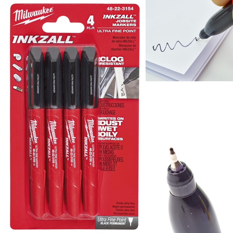 Milwaukee INKZALL Ultra Fine Tip Marker Pens 4 Pack Black 0.6mm Tip