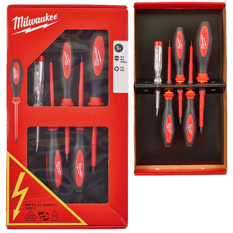 Milwaukee VDE Screwdriver Set 5 Piece Slotted Pozi Voltage Tester