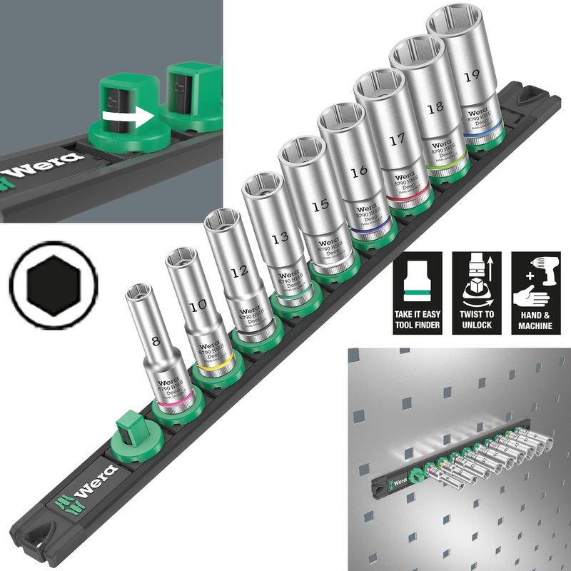 Wera Socket Set 3/8" Drive on Magnetic Socket Rail B Deep 1 Zyklop 9 Pieces Metric 8-19mm