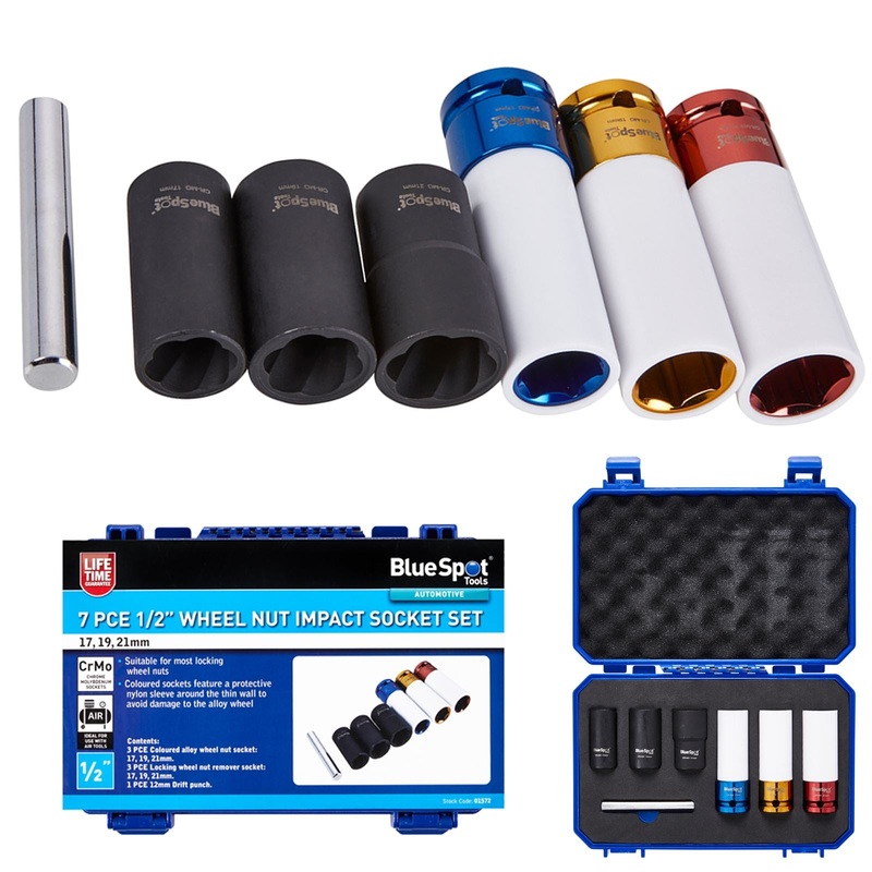 BlueSpot Wheel Nut Impact Socket Set 7 Piece 1/2" 17 19 21 mm