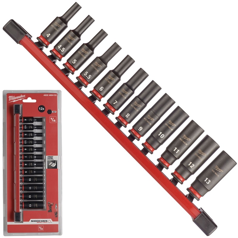 Milwaukee Impact Socket Set Deep on Socket Rail 1/4" Drive 12 Piece 4-13mm SHOCKWAVE