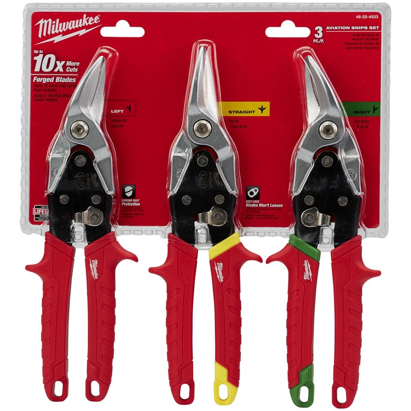 Milwaukee Metal Aviation Snips Set 3 Piece Left Right Straight Cut 260mm