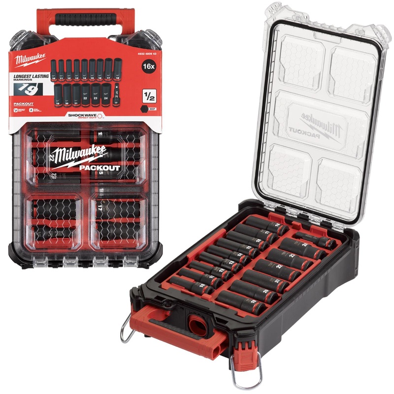 Milwaukee PACKOUT Impact Socket Set 16 Piece 1/2" Drive Deep 10-24mm SHOCKWAVE