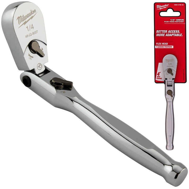 Milwaukee Socket Ratchet Wrench Flexible Head 1/4" Drive 90 Tooth Slim Profile Head