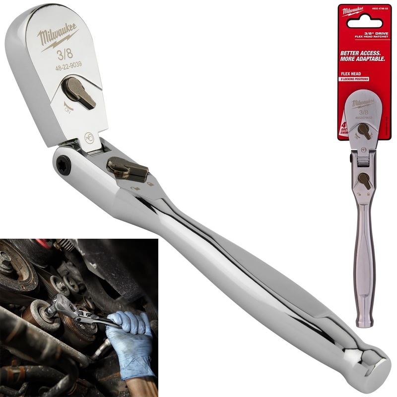Milwaukee Socket Ratchet Wrench Flexible Head 3/8" Drive 90 Tooth Slim Profile Head
