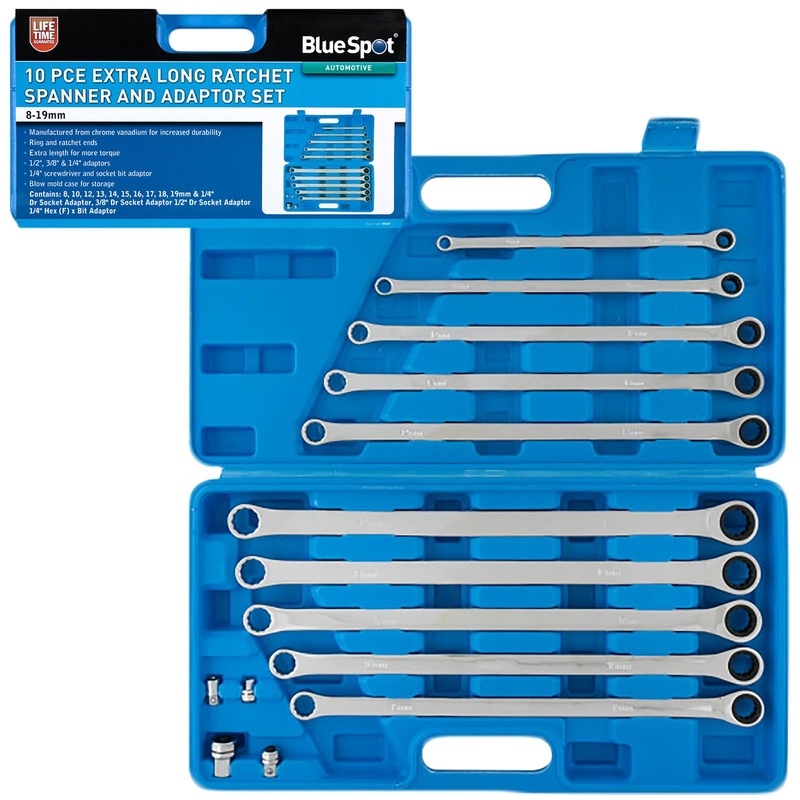 BlueSpot Ratchet Ring Spanner and Adaptor Set Extra Long 8-19mm 10 Piece