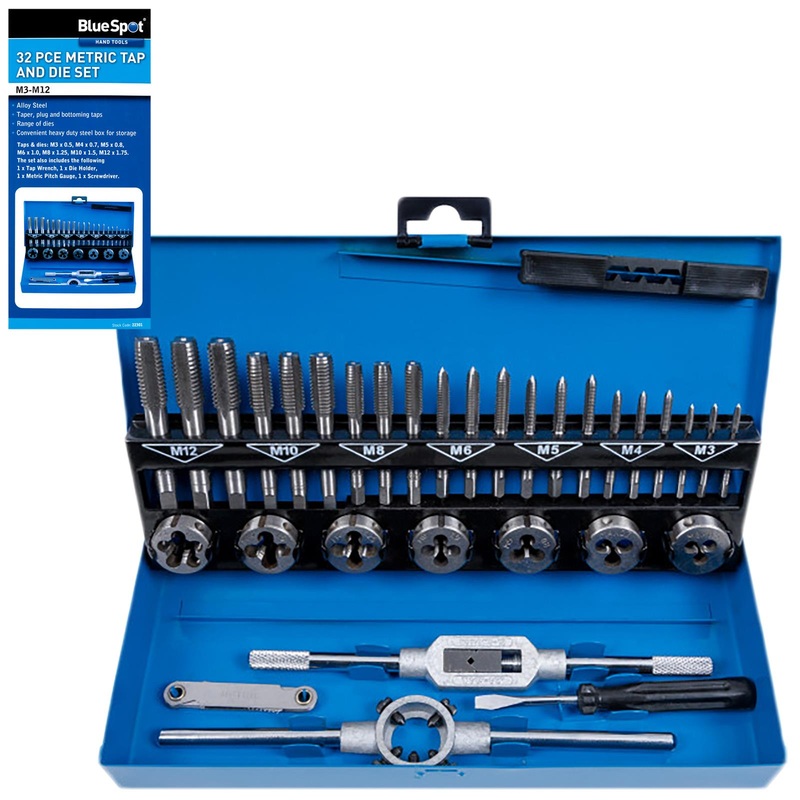 BlueSpot Tap and Die Set Metric 32 Piece M3-M12 Steel Storage Box