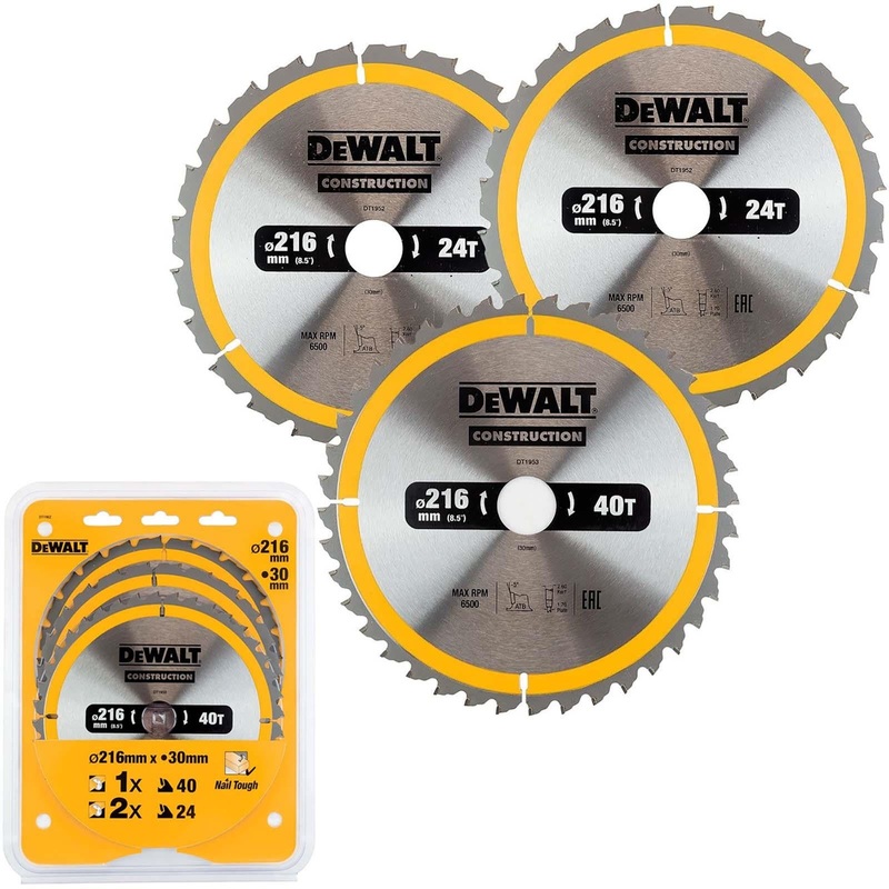 DeWalt Circular Saw Blade Set Construction Wood Nails 216mm 3 Pack 24T 40T DT1962
