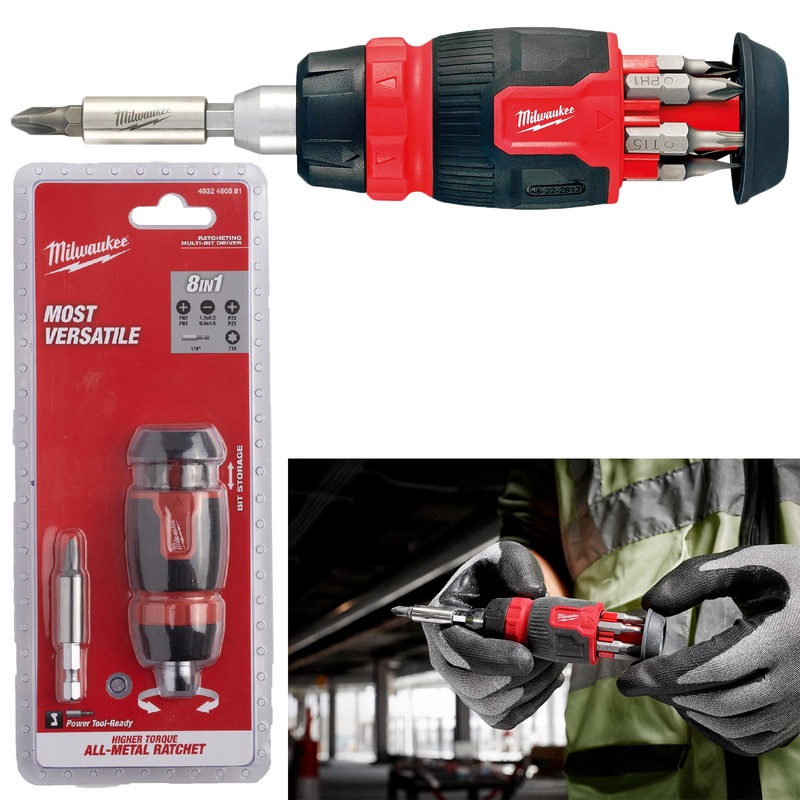 Milwaukee Ratchet Screwdriver Set Compact 8 in 1 Multi Bit Stubby Pozi Phillips Torx Slotted