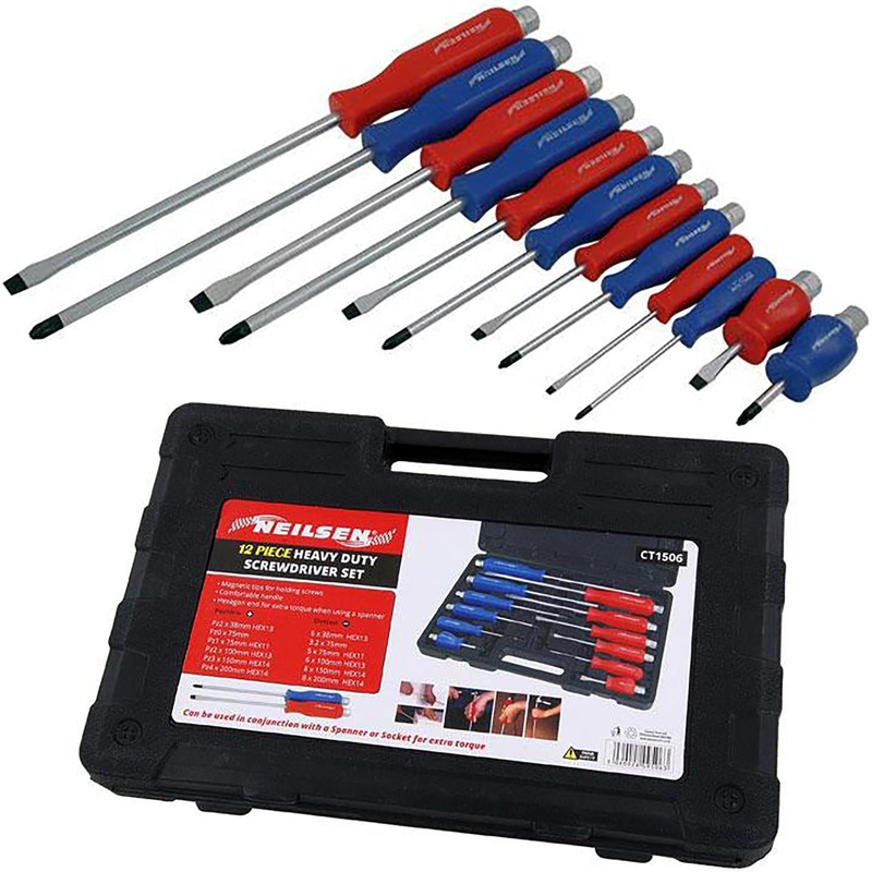 Neilsen Demolition Screwdriver Set Heavy Duty Hammer Slotted Pozi Magnetic Tip 12pc