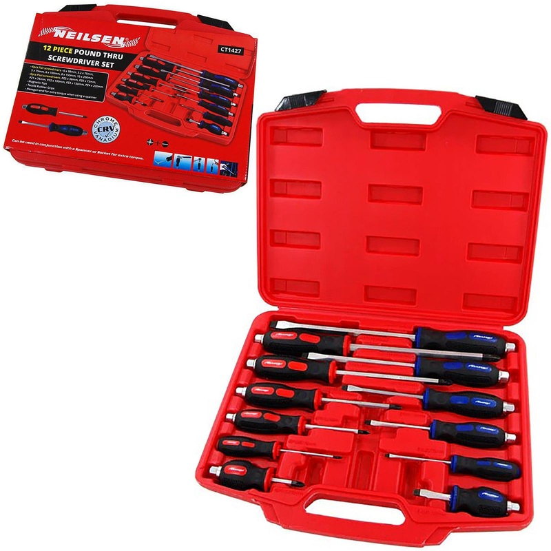 Neilsen Screwdriver Set Hammer Through Demolition Slotted Pozi Magnetic Tip 12pc