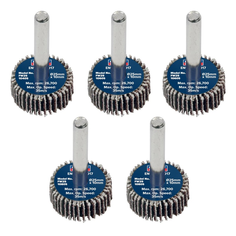 Sealey Abrasive Flap Wheel 25 x 10mm 6mm Shaft Assorted Grit - Pack of 5