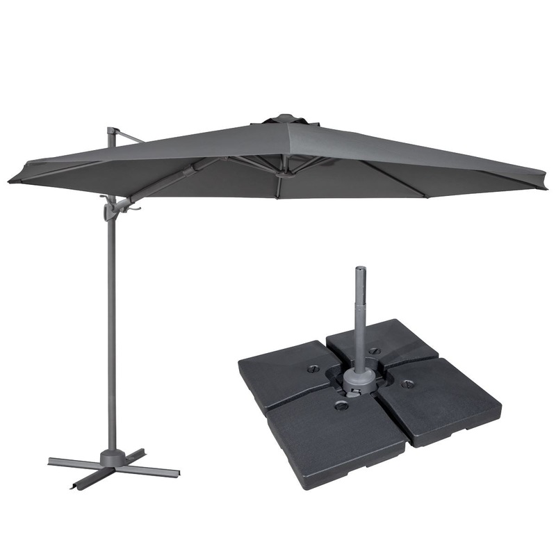 Dellonda 3m Cantilever Parasol/Umbrella, Cover and Base Bundle, 8 Rib, Crank Handle, 360 Rotation, 60 Tilt, Grey Canopy - DG272