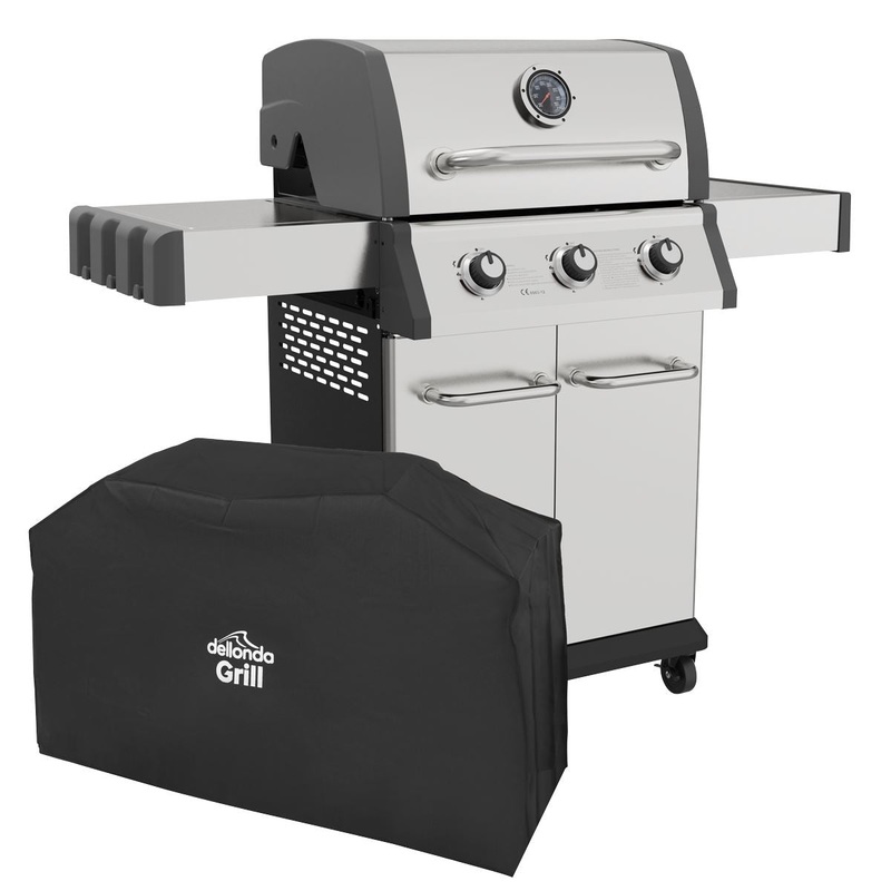 Dellonda 3 Burner Deluxe Gas BBQ Grill with Piezo Ignition and Water Resistant Oxford Style Cover, Stainless Steel