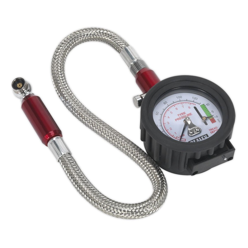Sealey Tyre Pressure Gauge & Tyre Tread Depth Gauge - Flexible Hose 0-8bar(0-120psi)