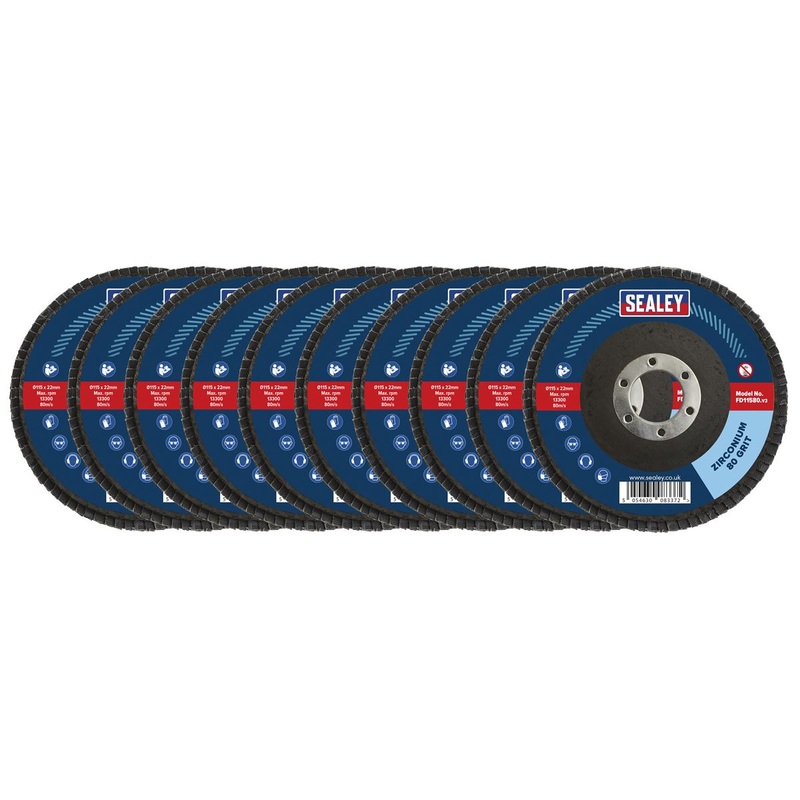 Sealey 80Grit Flap Discs Zirconium 115mm 22mm Bore - Pack of 10