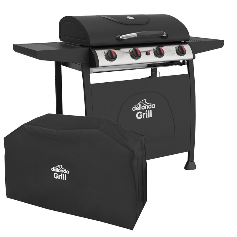 Dellonda 4 Burner Gas BBQ Grill with Piezo Ignition, Built-In Thermometer and Water Resistant PVC Cover, Black/Stainless Steel