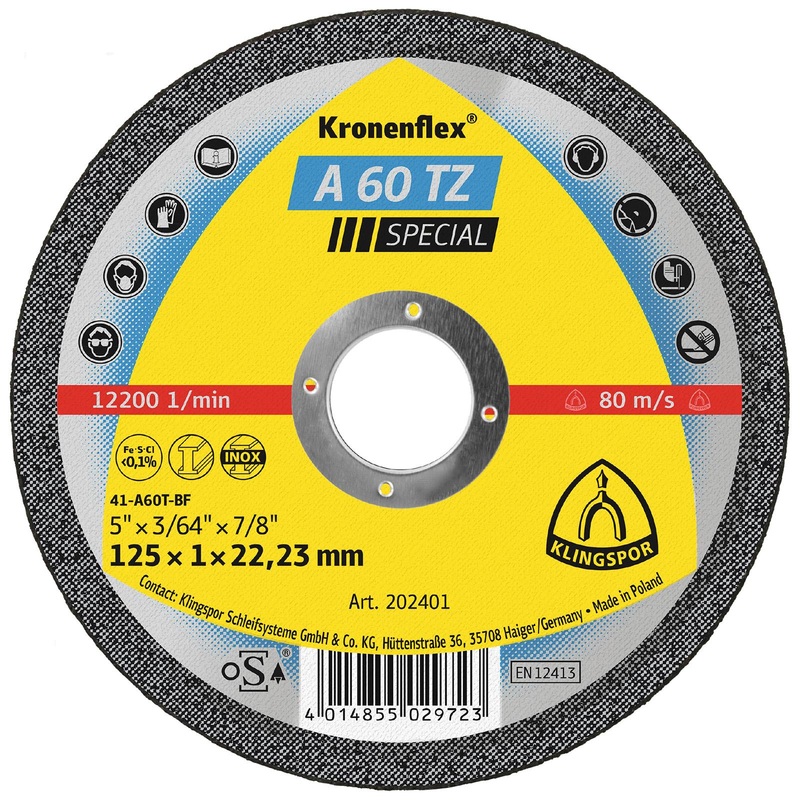 Klingspor Cutting Discs A60TZ Kronenflex for Stainless Steel 125mm x 1mm x 22.23mm - Choose Pack Size