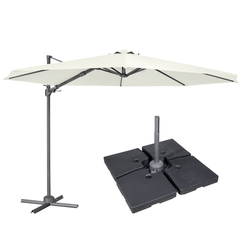 Dellonda 3m Cantilever Parasol/Umbrella, Cover and Base Bundle, 8 Rib, Crank Handle, 360 Rotation, 60 Tilt, Cream Canopy