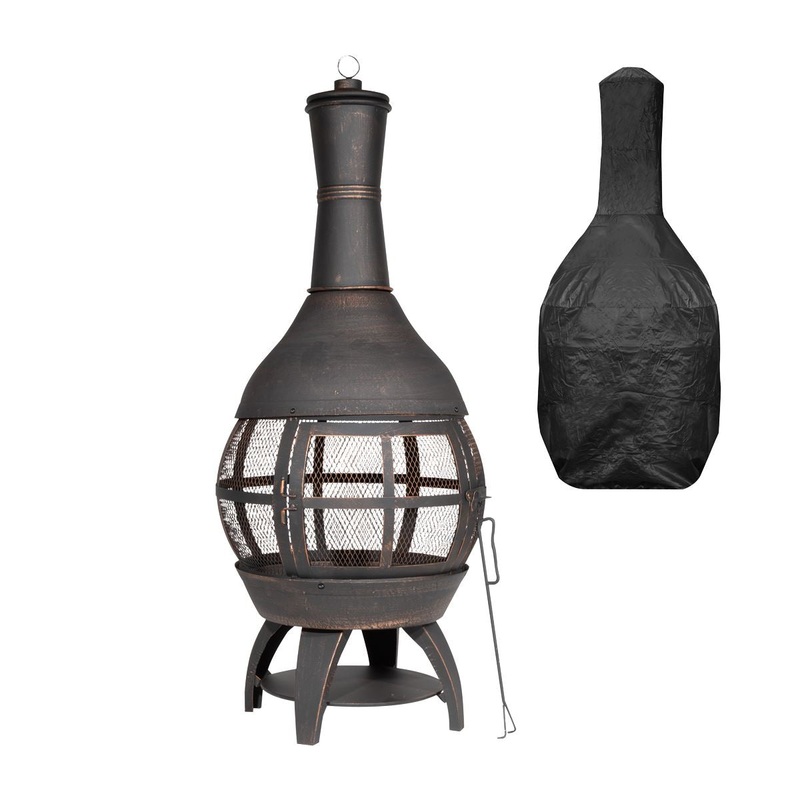 Dellonda Deluxe 360 Chiminea/Fire Pit/Outdoor Heater with Fire Poker & Water Resistant Drawstring Cover - Antique Bronze Finish - DG241