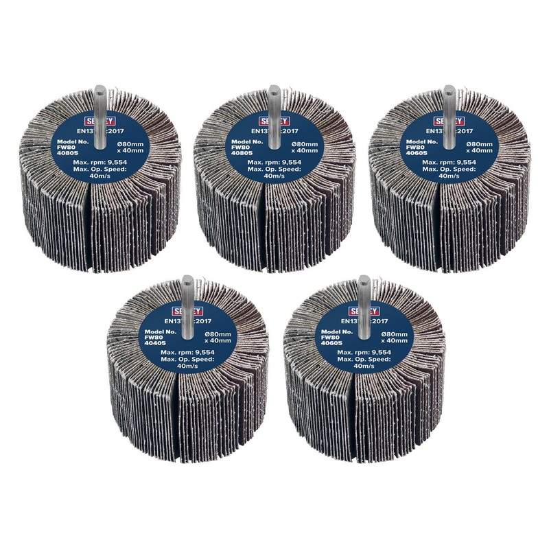 Sealey Abrasive Flap Wheel 80 x 40mm 6mm Shaft Assorted Grit - Pack of 5