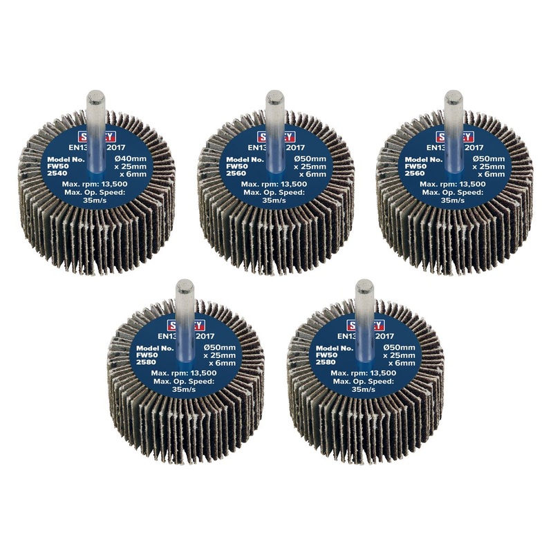 Sealey Abrasive Flap Wheel 50 x 25mm 6mm Shaft Assorted Grit - Pack of 5