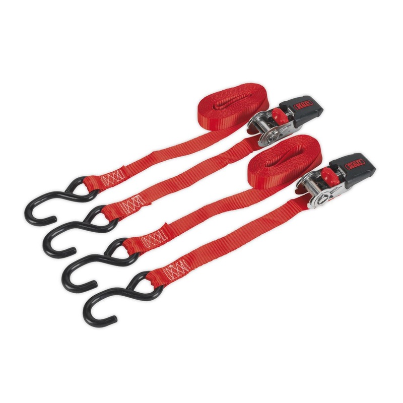 Sealey Ratchet Straps 25mm x 4m Polyester Webbing with S-Hooks 800kg Breaking Strength - Pair
