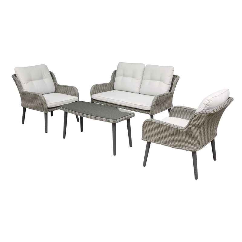 Dellonda Buxton 4 Piece Rattan Wicker Outdoor Lounge Set with Double Sofa, Grey