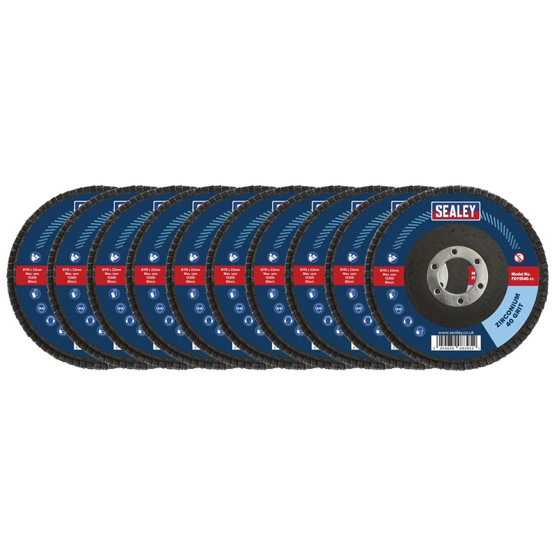 Sealey 40Grit Flap Discs Zirconium 115mm 22mm Bore - Pack of 10