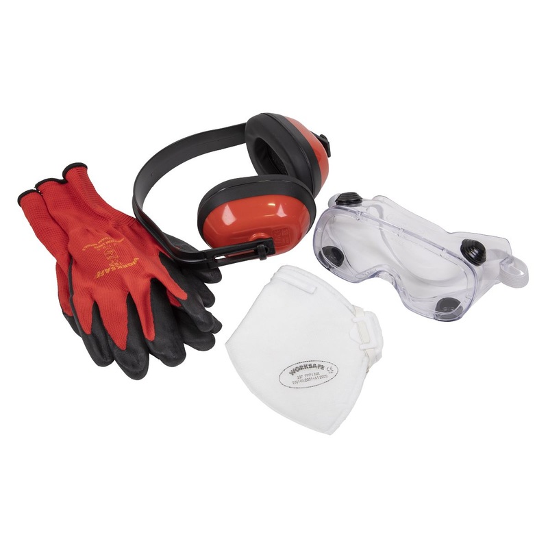Worksafe by Sealey Flexi Grip Gloves, FFP1 Mask, Goggles & Ear Defenders