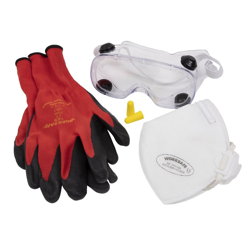 Worksafe by Sealey Flexi Grip Gloves, FFP1 Mask, Goggles & Ear Plugs