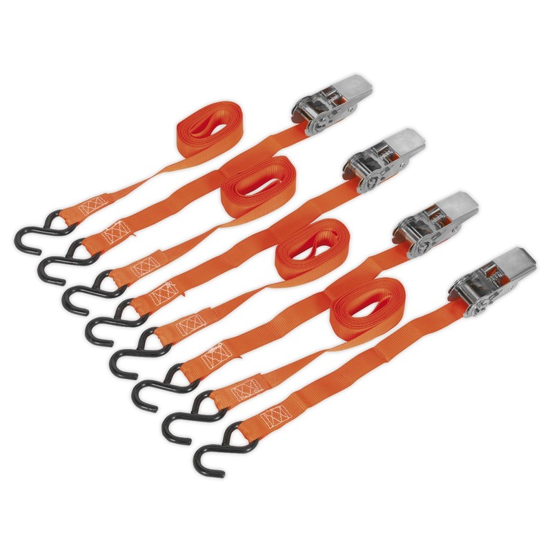 Sealey Ratchet Straps 25mm x 4m Polyester Webbing with S-Hooks 500kg Breaking Strength - 2 Pairs