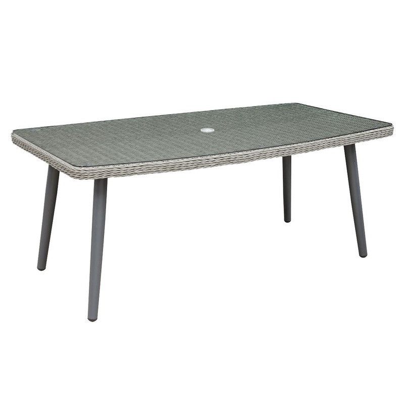 Dellonda Buxton Rattan Wicker Outdoor Dining Table with Clear Tempered Glass Top, Grey