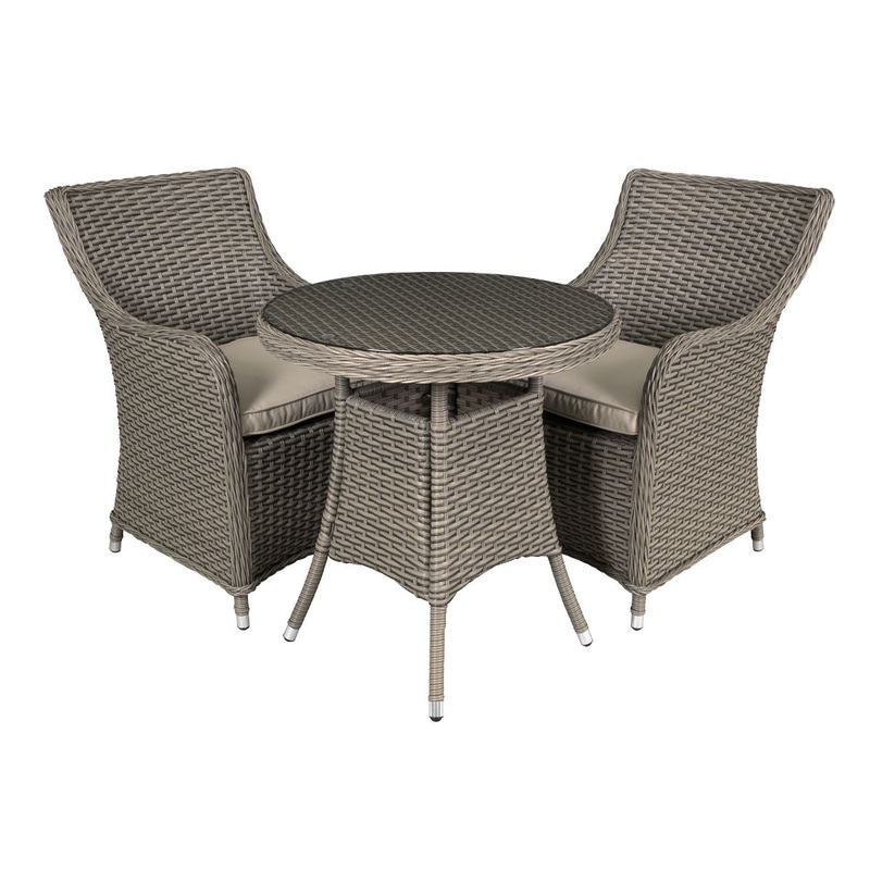 Dellonda Chester 3 Piece Rattan Wicker Outdoor Dining Set with Tempered Glass Table Top, Brown