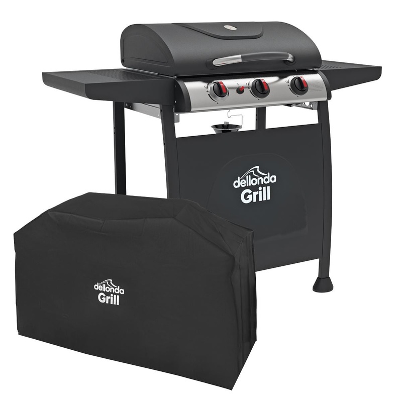 Dellonda 3 Burner Gas BBQ Grill with Piezo Ignition, Built-In Thermometer and Water Resistant Cover, Black/Stainless Steel