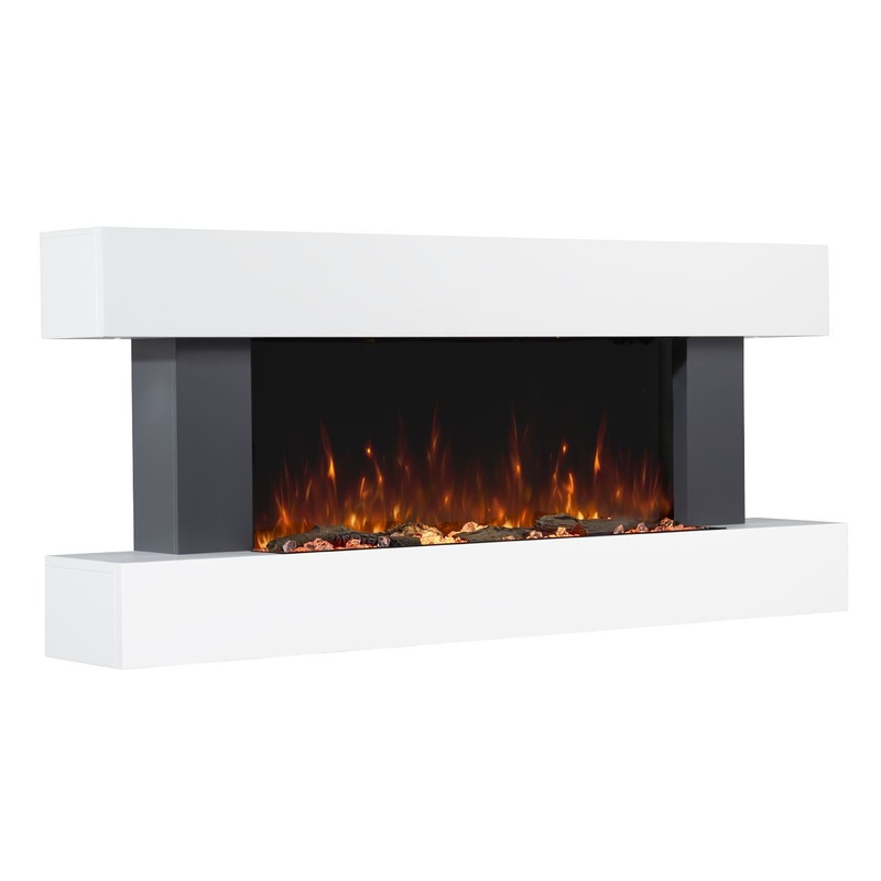 Baridi 46 Wall Mounting 1000W/2000W Electric Fireplace with LED Flame Effects, Side Glass Decoration and Pebble Accessories, Grey