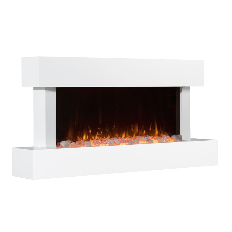 Baridi 46 Wall Mounting 1000W/2000W Electric Fireplace with LED Flame Effects, Side Glass Decoration and Pebble Accessories, White