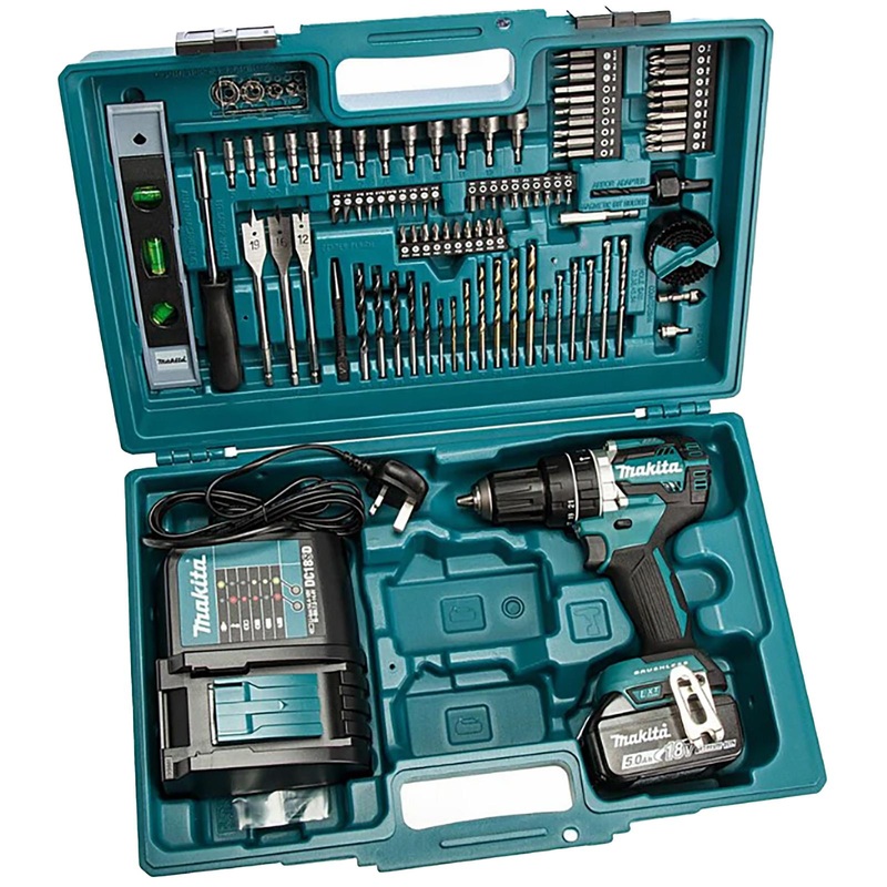 Makita Combi Drill Kit 18V LXT DHP484 with 5Ah Battery Charger 101pc Tool Set Cordless Brushless DHP484STX5